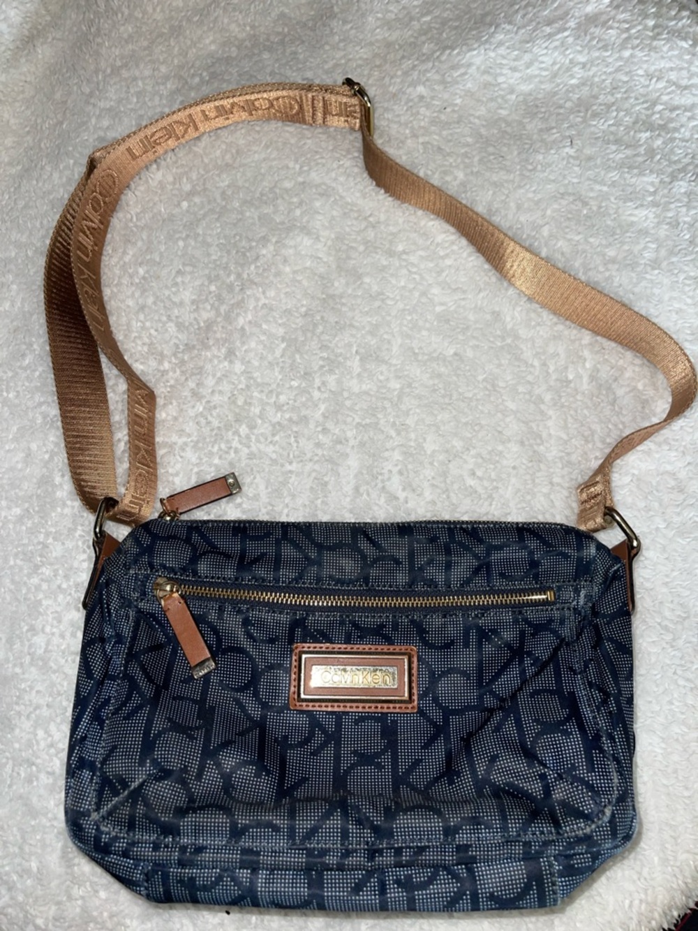 Calvin Klein Navy Crossbody with Tan Logo Strap